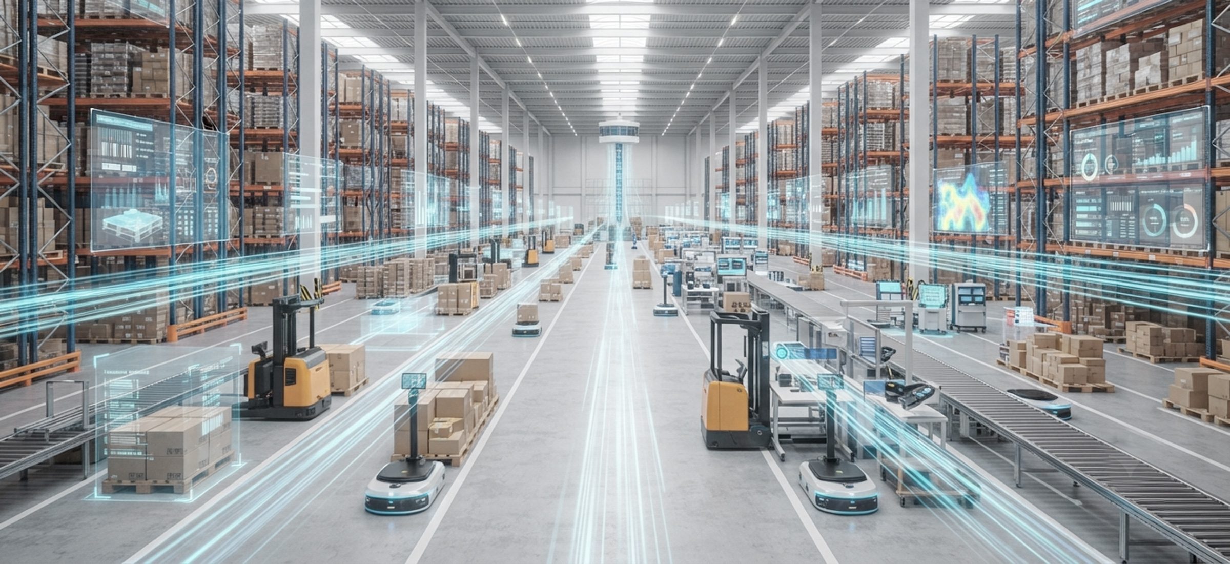 Automated conveyors and robots moving cartons through a warehouse
