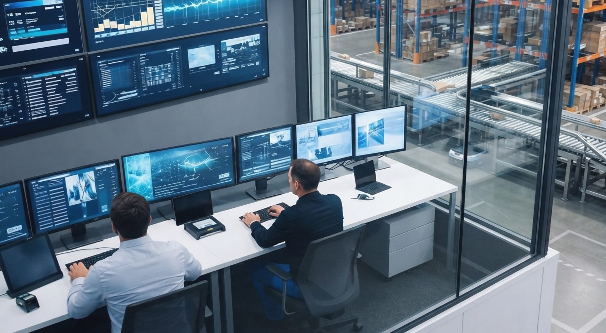 Supervisors monitoring production dashboards in a control room