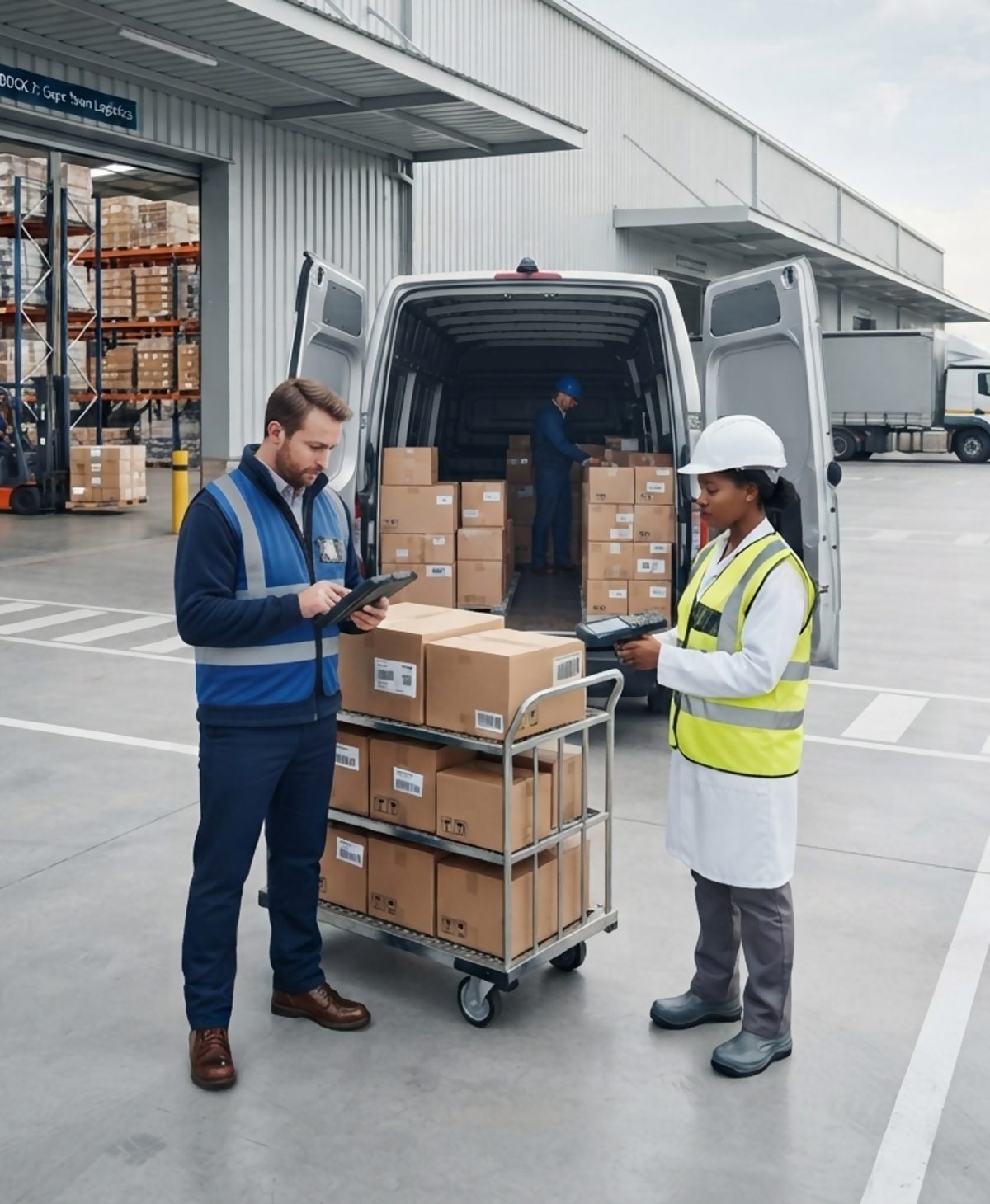 Driver and receiver confirming a delivery on handheld devices beside a delivery van