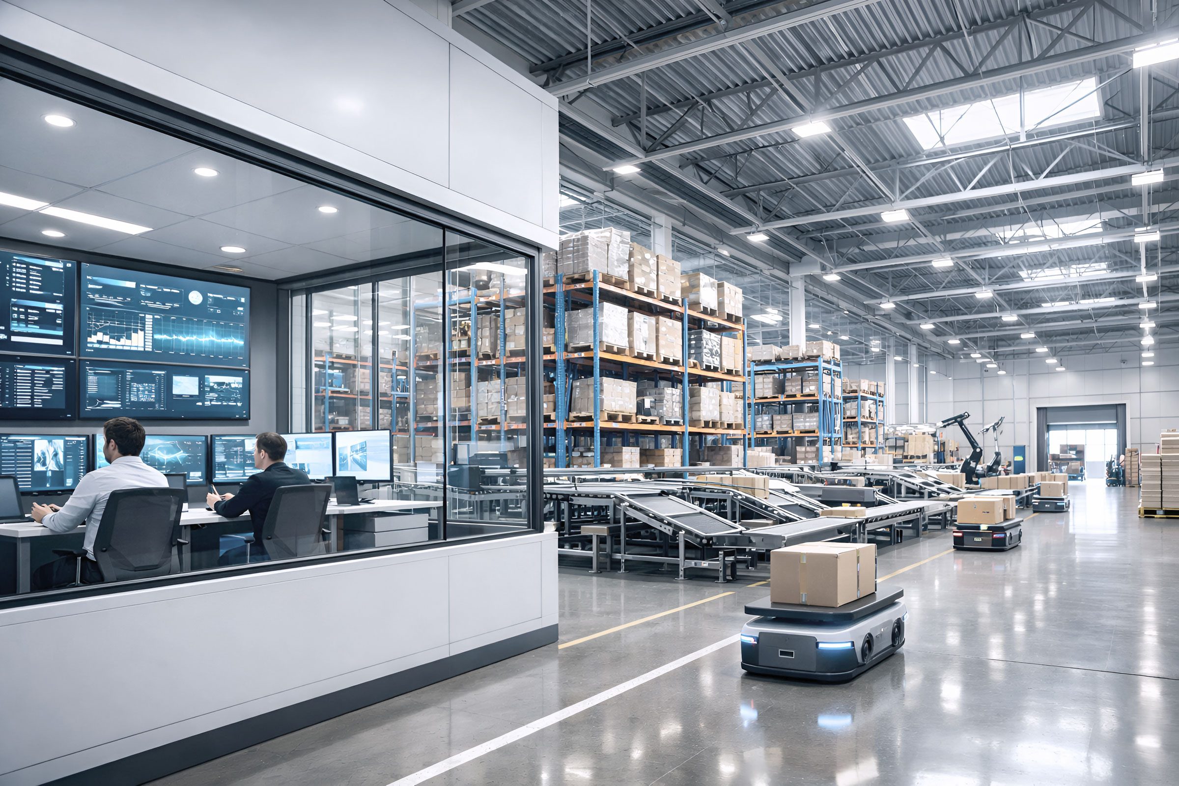 Supervisors in a warehouse control room monitoring live operations beside automated conveyors and racking