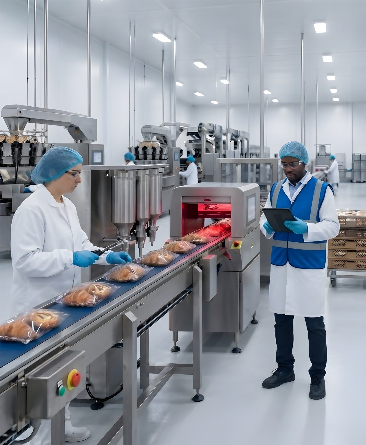 Production operator checking a tablet beside a food processing line
