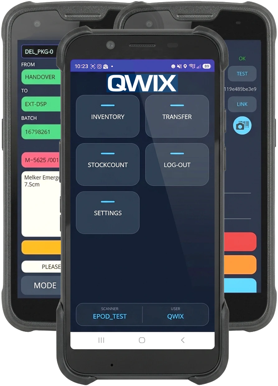 Qwix mobile app on rugged Android scanners, showing the main menu, a transfer screen and a scan confirmation