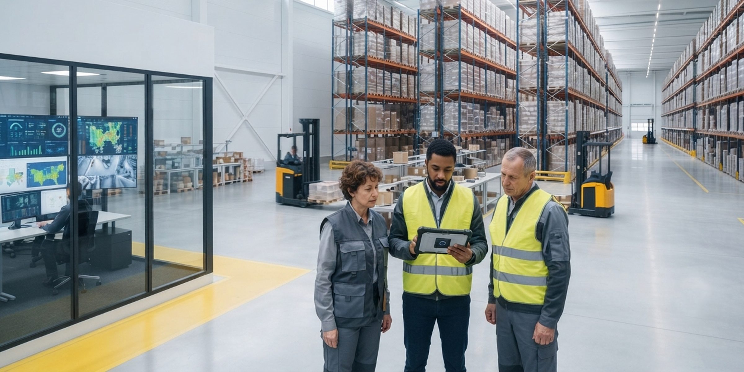 Warehouse team reviewing a tablet on the warehouse floor