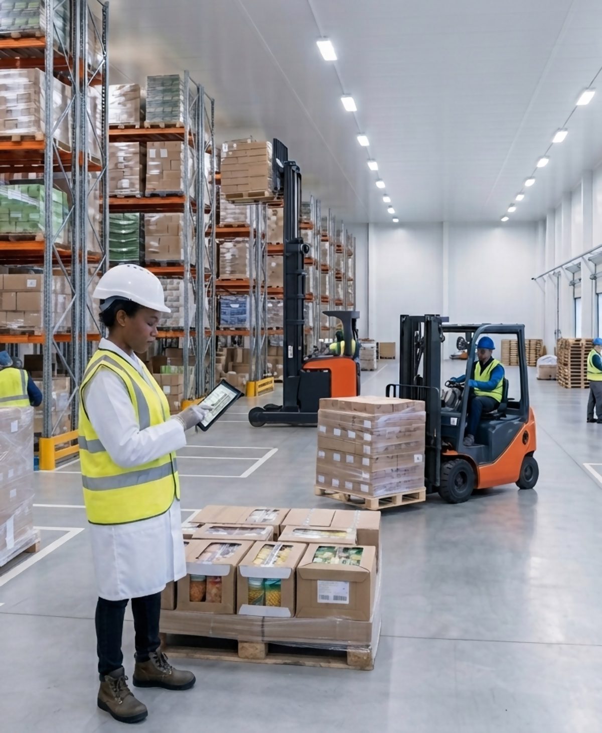 Warehouse operator scanning pallets with a handheld device in a racked warehouse